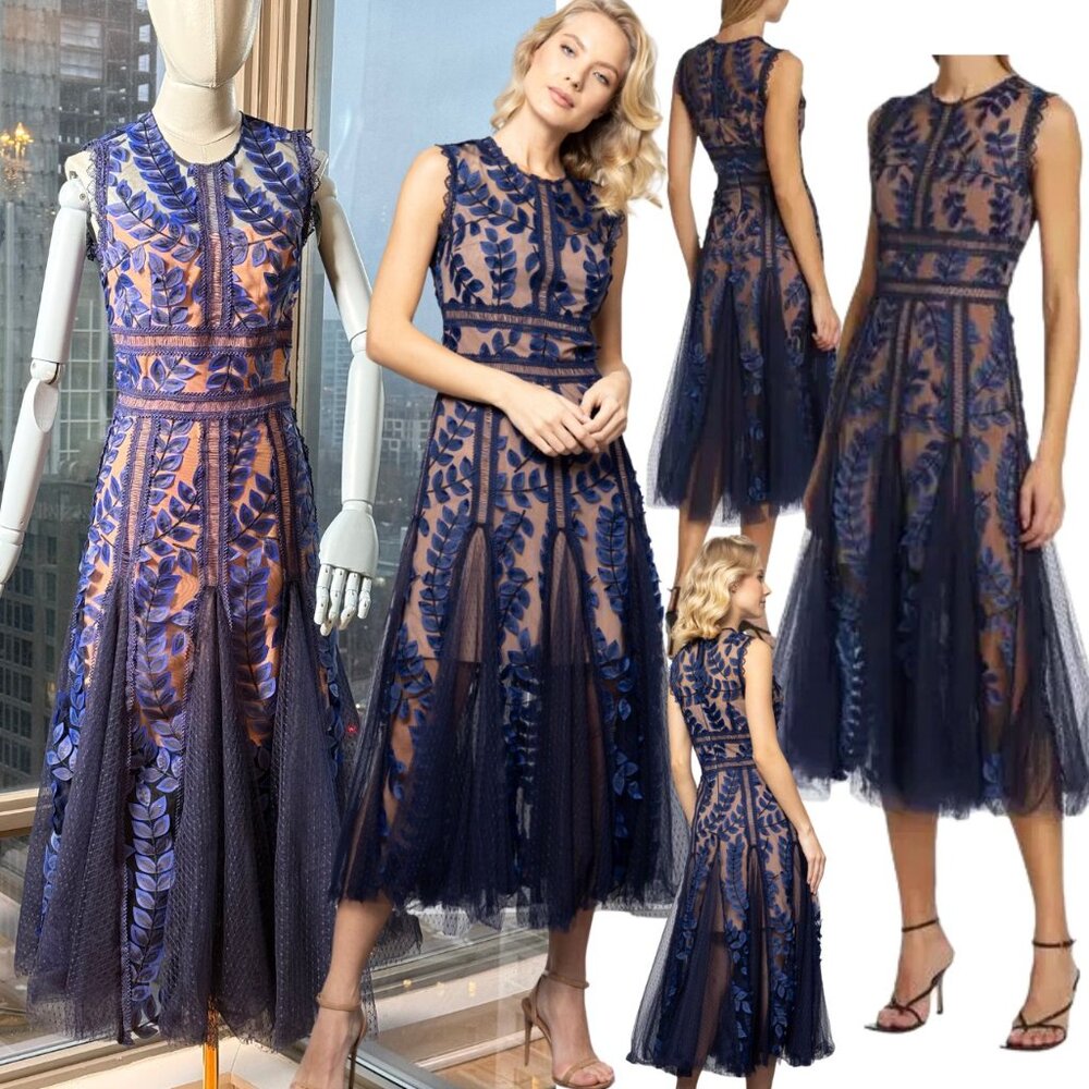 saba midi dress in navy bronx and banco Bronx and Banco Saba Leaf-Appliqu Lace Midi Dress